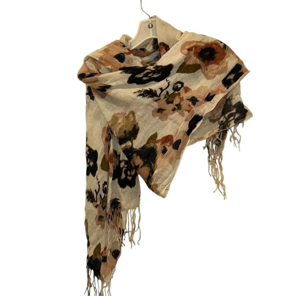 Watercolor painted flower scarf shawl khaki bone